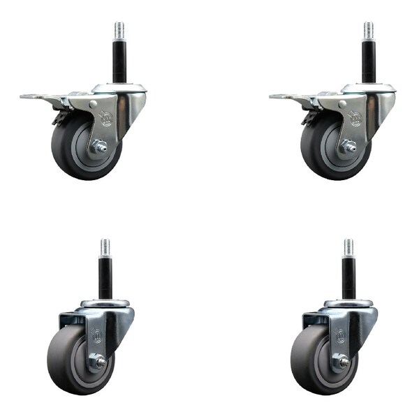 3'' Thermoplastic Rubber Swivel 3/4'' Expanding Stem Caster Set 2 Total Lock Brakes, 4PK